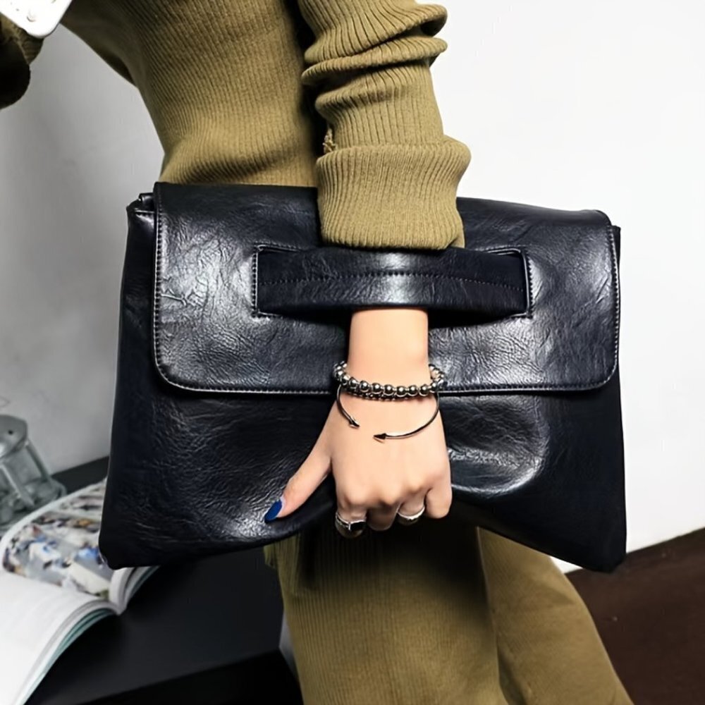 Black Faux Leather Flap Clutch Evening Bag Minimalist Purse NWT
